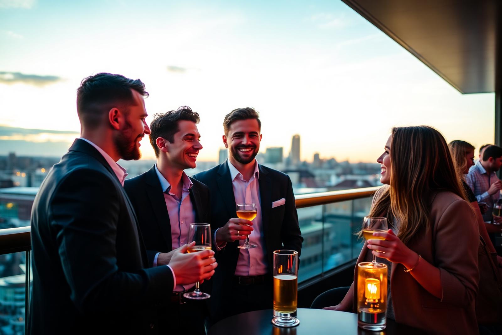 Professionals mingling on a rooftop bar terrace at a Manchester Happy Hour Networking evening event